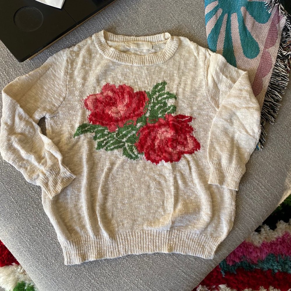 VINTAGE ZARA Knit Sweater with Floral Embroidery Detail